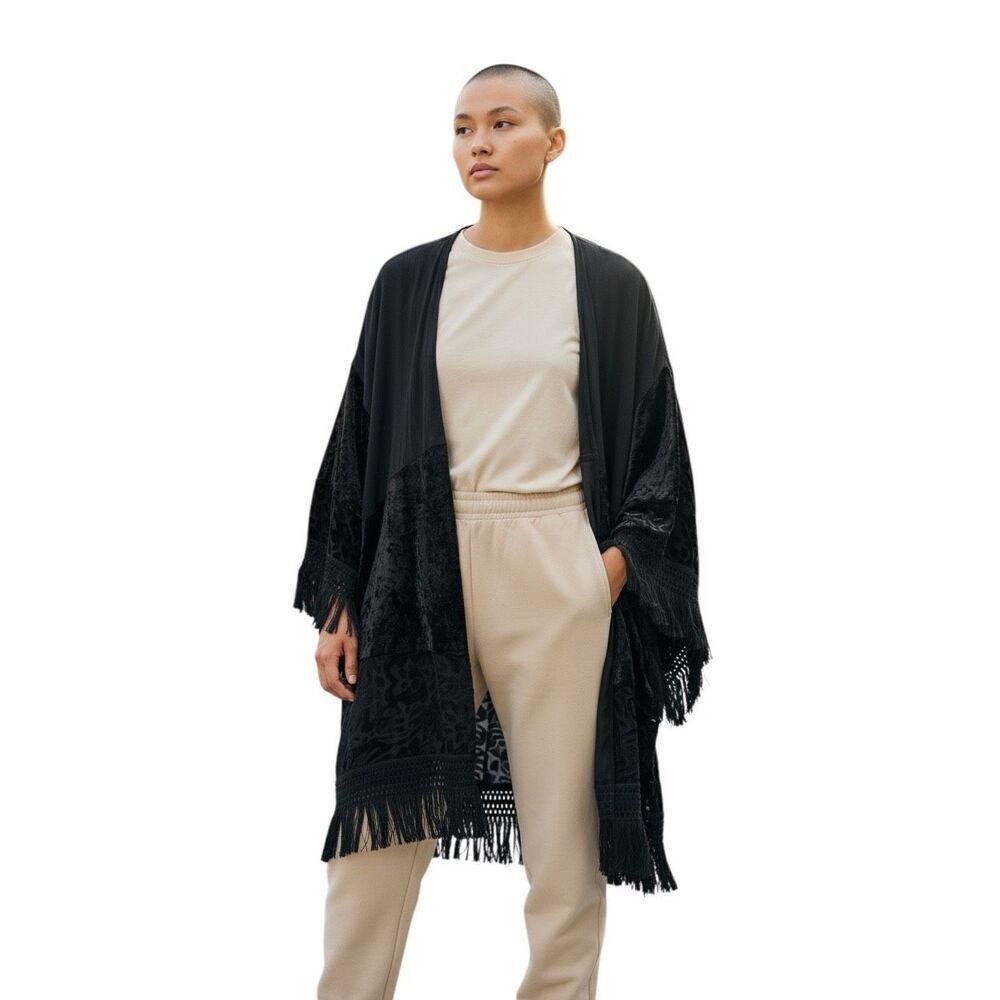 Black Velvet Burnout Fringe Witchy Goth Kimono Cardigan Jacket Boho S